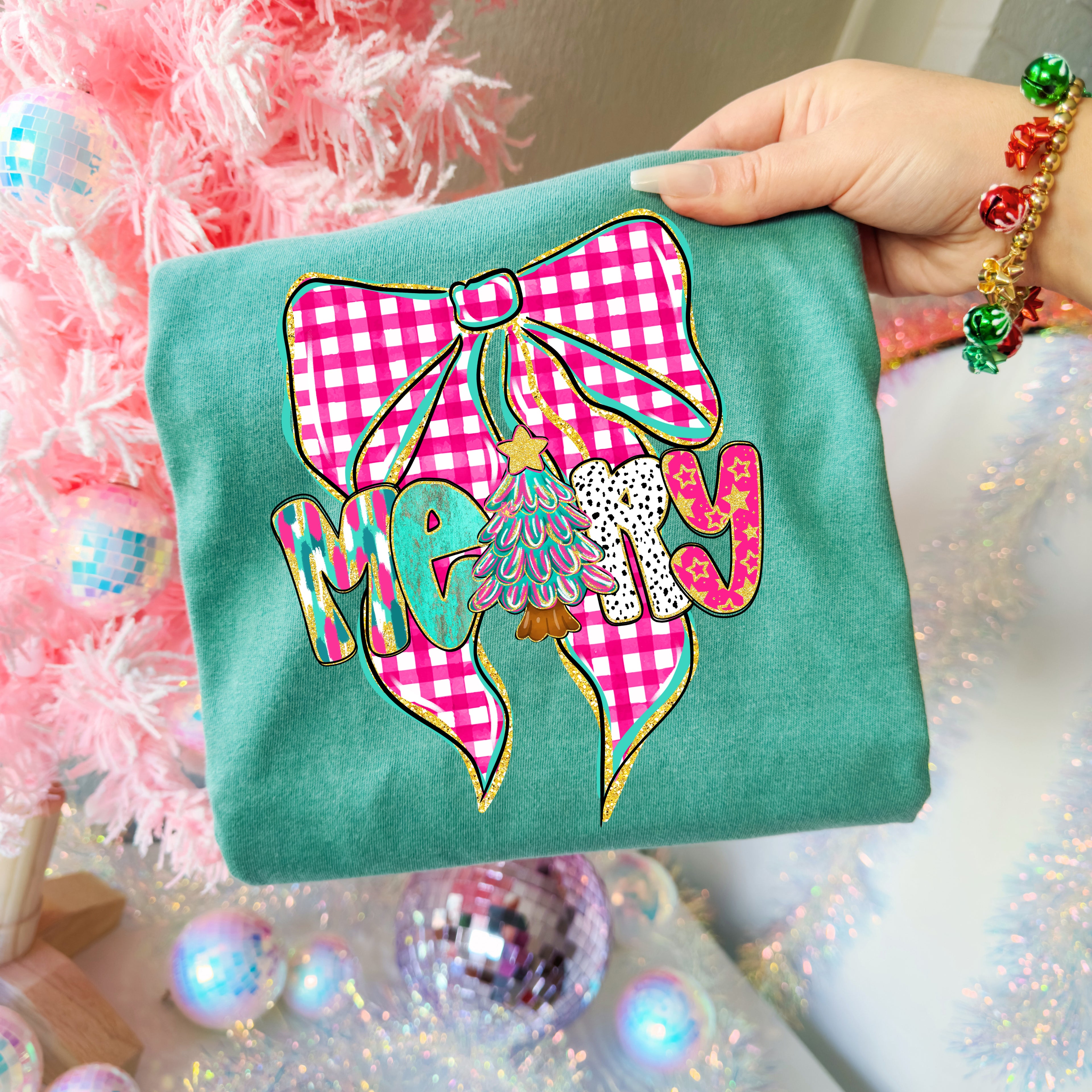 Pink Checkered Merry Bow PNG