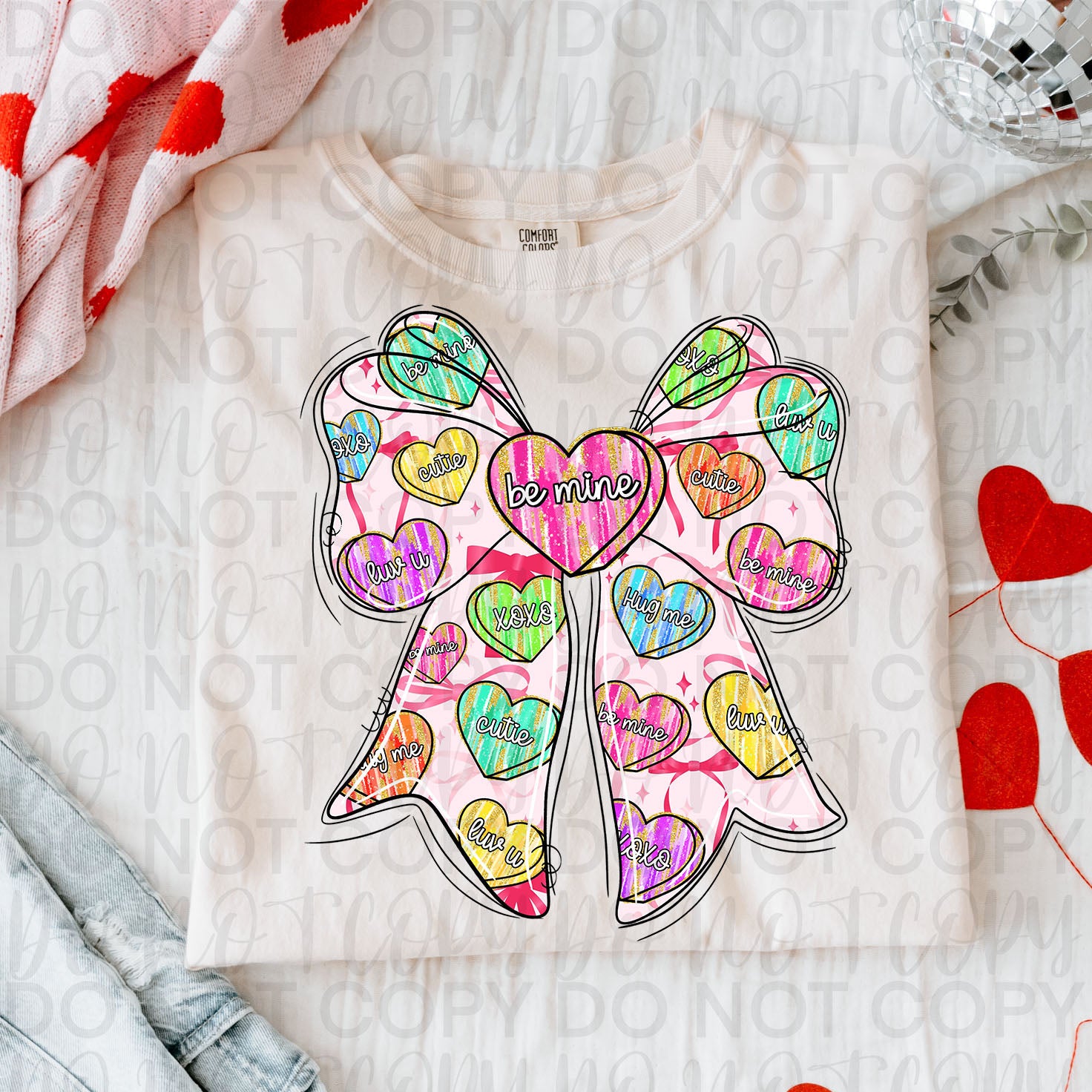 Candy Hearts Valentine Coquette Bow PNG