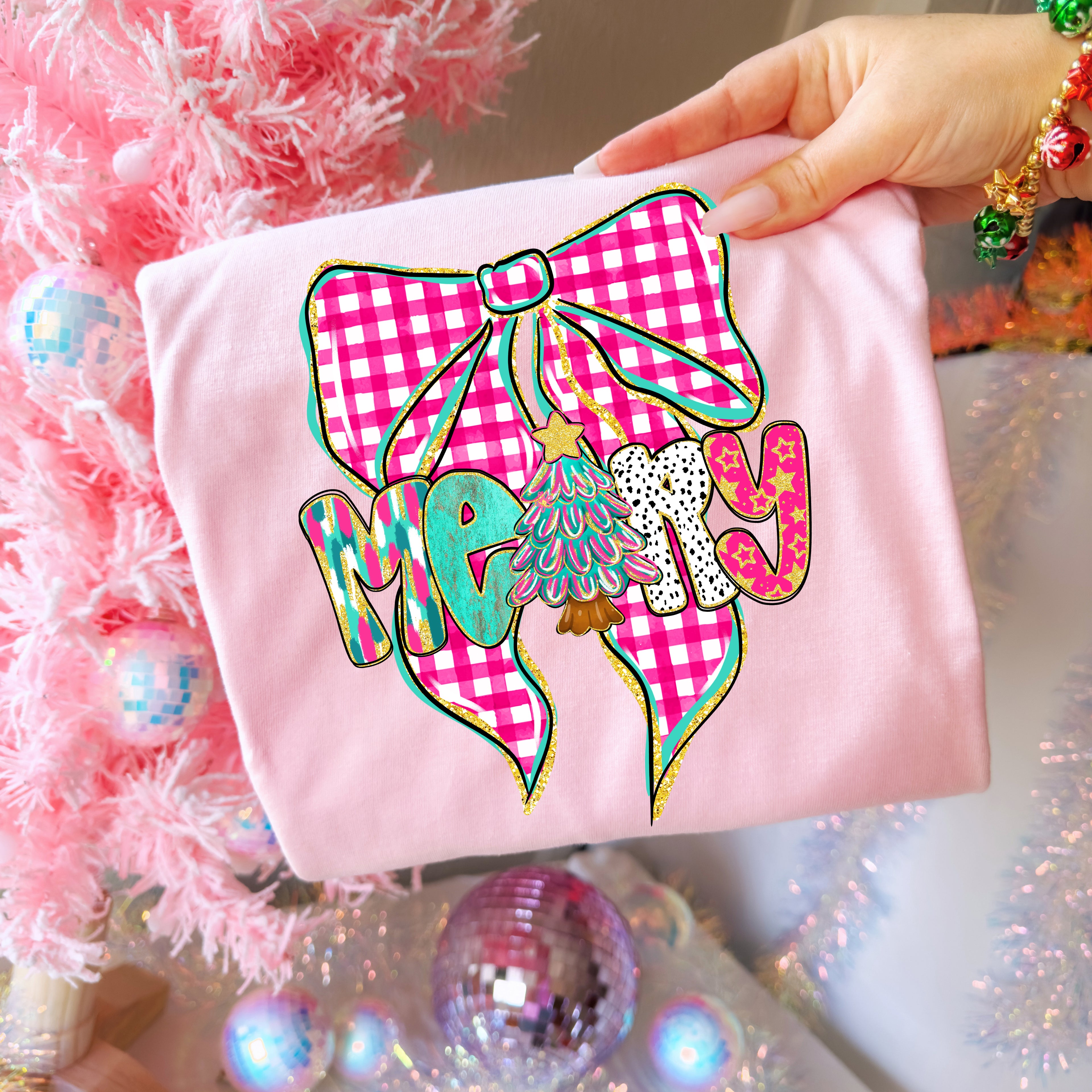 Pink Checkered Merry Bow PNG