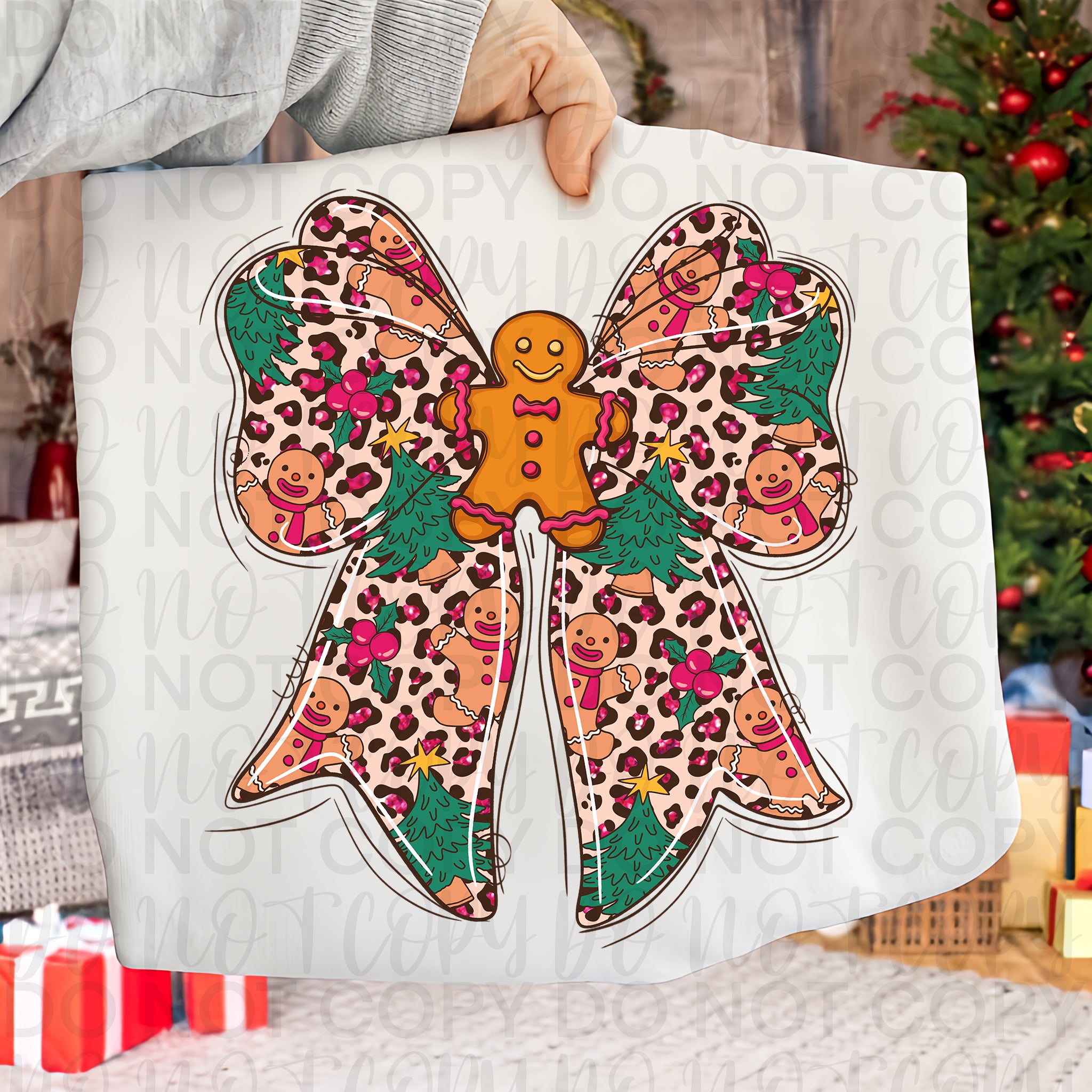 Leopard Christmas Gingerbread Bow PNG