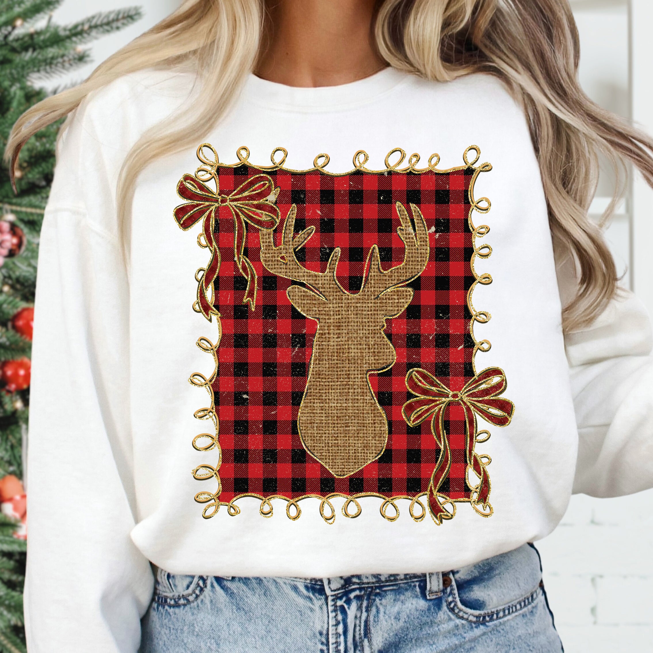 Plaid Christmas Reindeer Coquette PNG