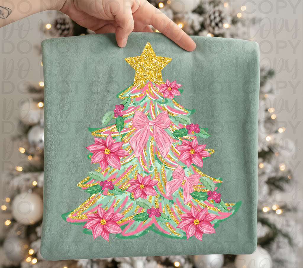 Preppy Pink Floral Christmas Tree PNG