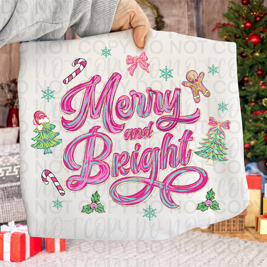 Brushstroke Merry and Bright Pink Christmas PNG