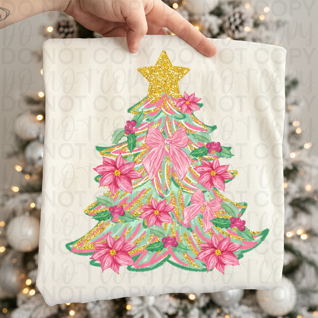 Preppy Pink Floral Christmas Tree PNG