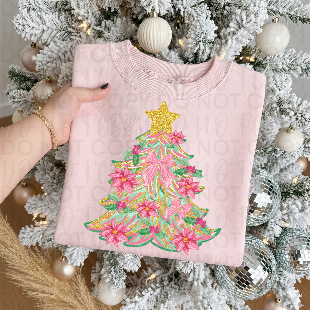 Preppy Pink Floral Christmas Tree PNG