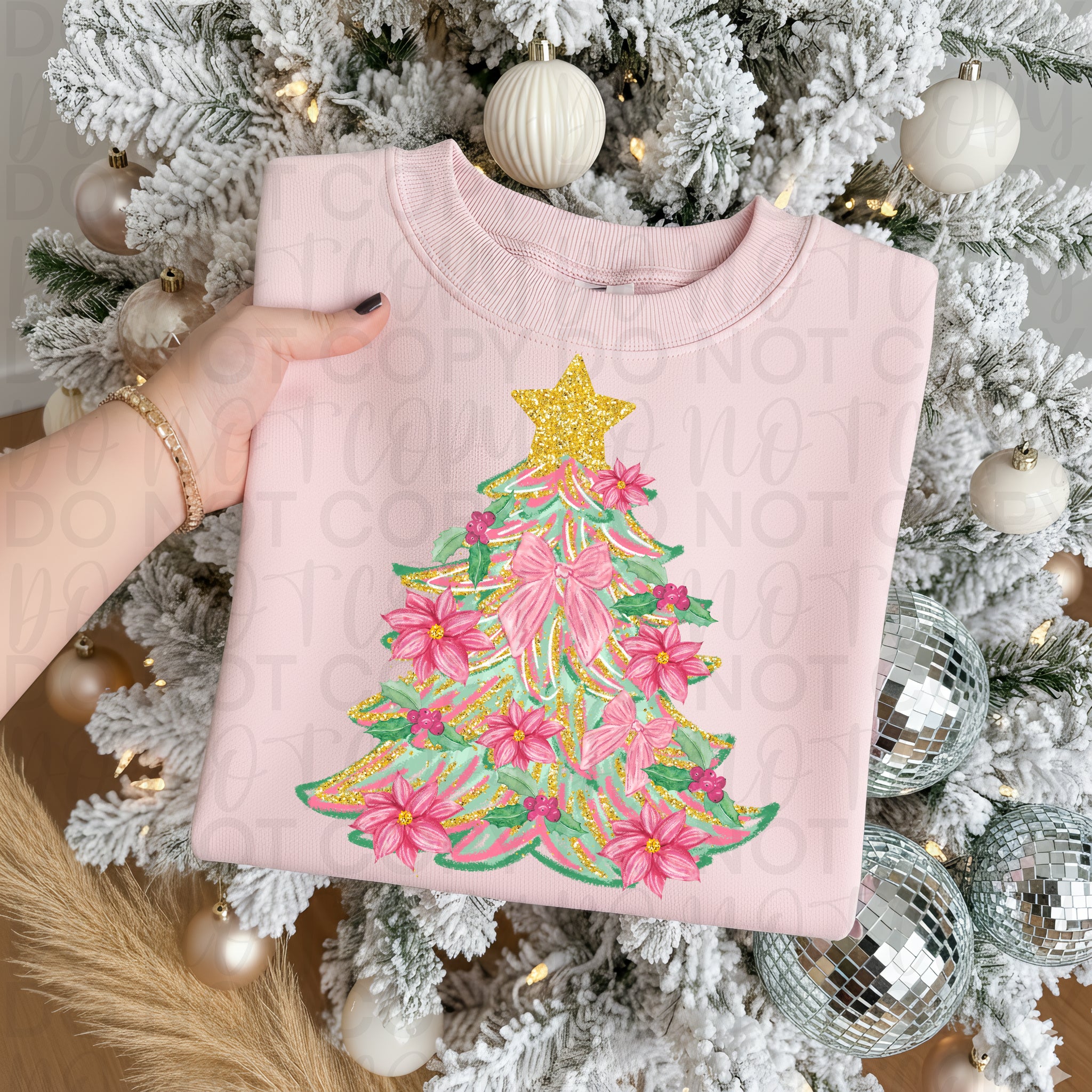 Preppy Pink Floral Christmas Tree PNG