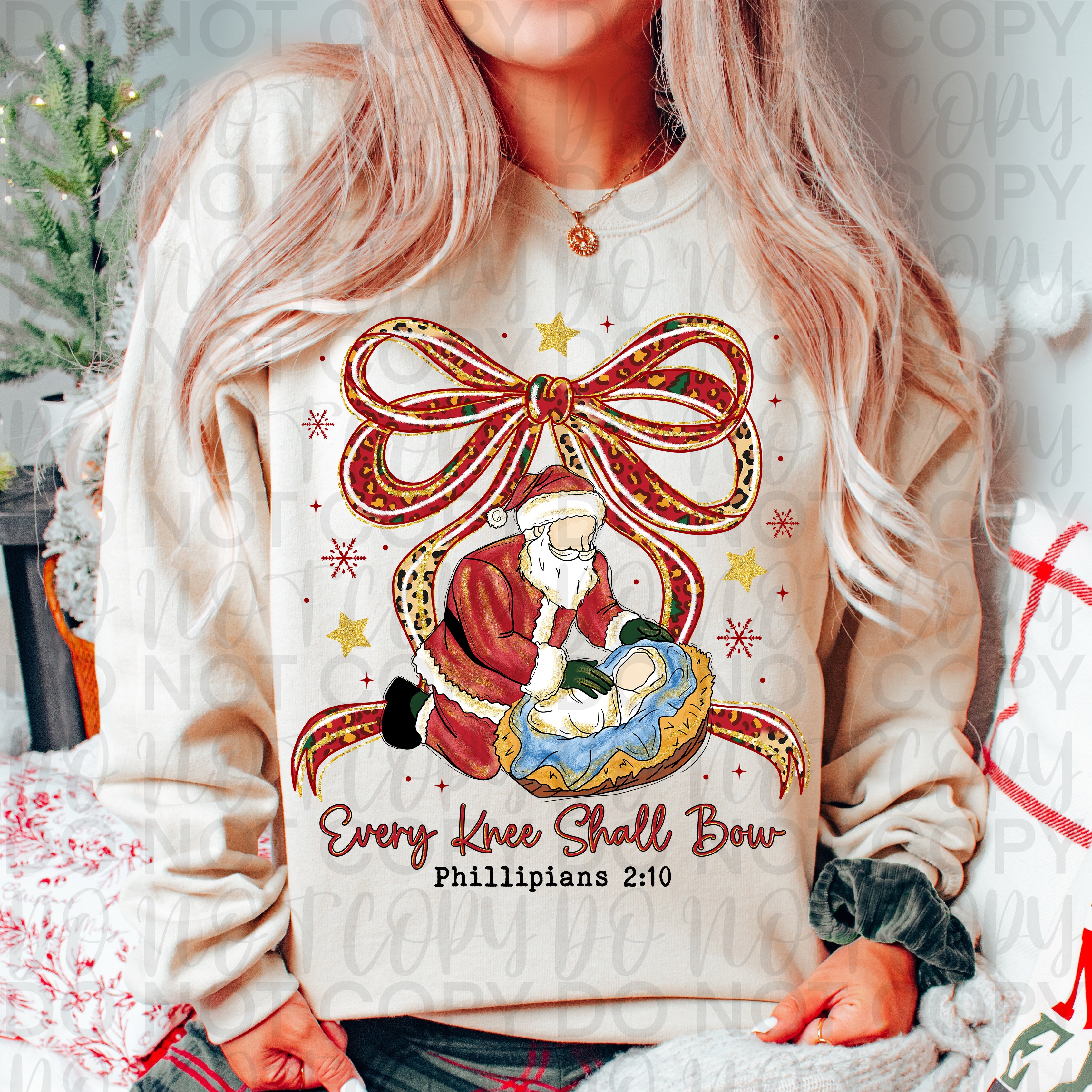Christian Christmas Every Knee Shall Bow Png, Kneeling Santa, Christmas Coquette Bow