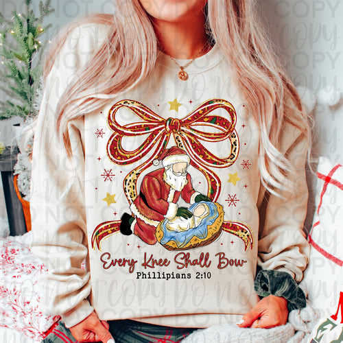 Christian Christmas Every Knee Shall Bow Png, Kneeling Santa, Christmas Coquette Bow
