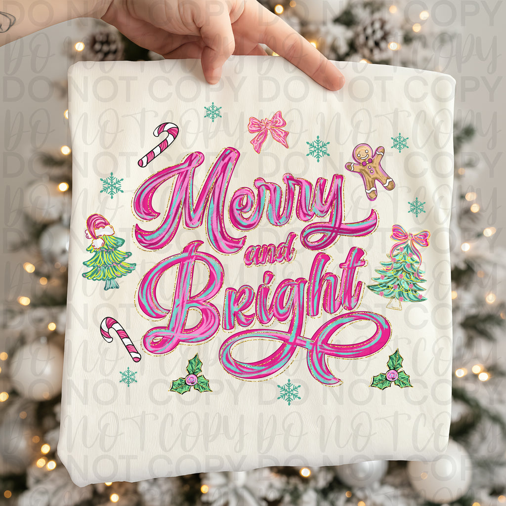 Brushstroke Merry and Bright Pink Christmas PNG