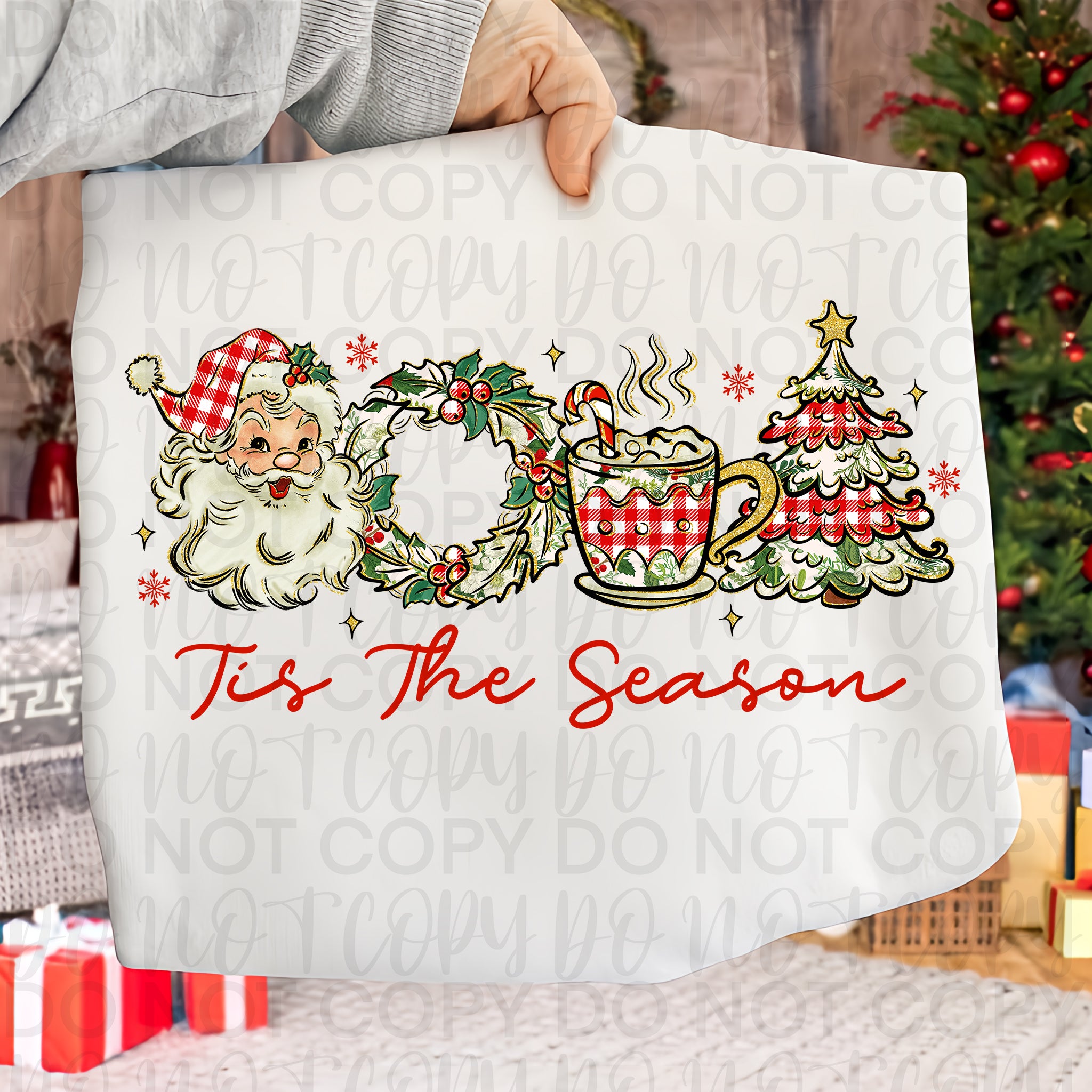 Retro Christmas Tis the Season PNG, Retro Santa, Plaid Christmas