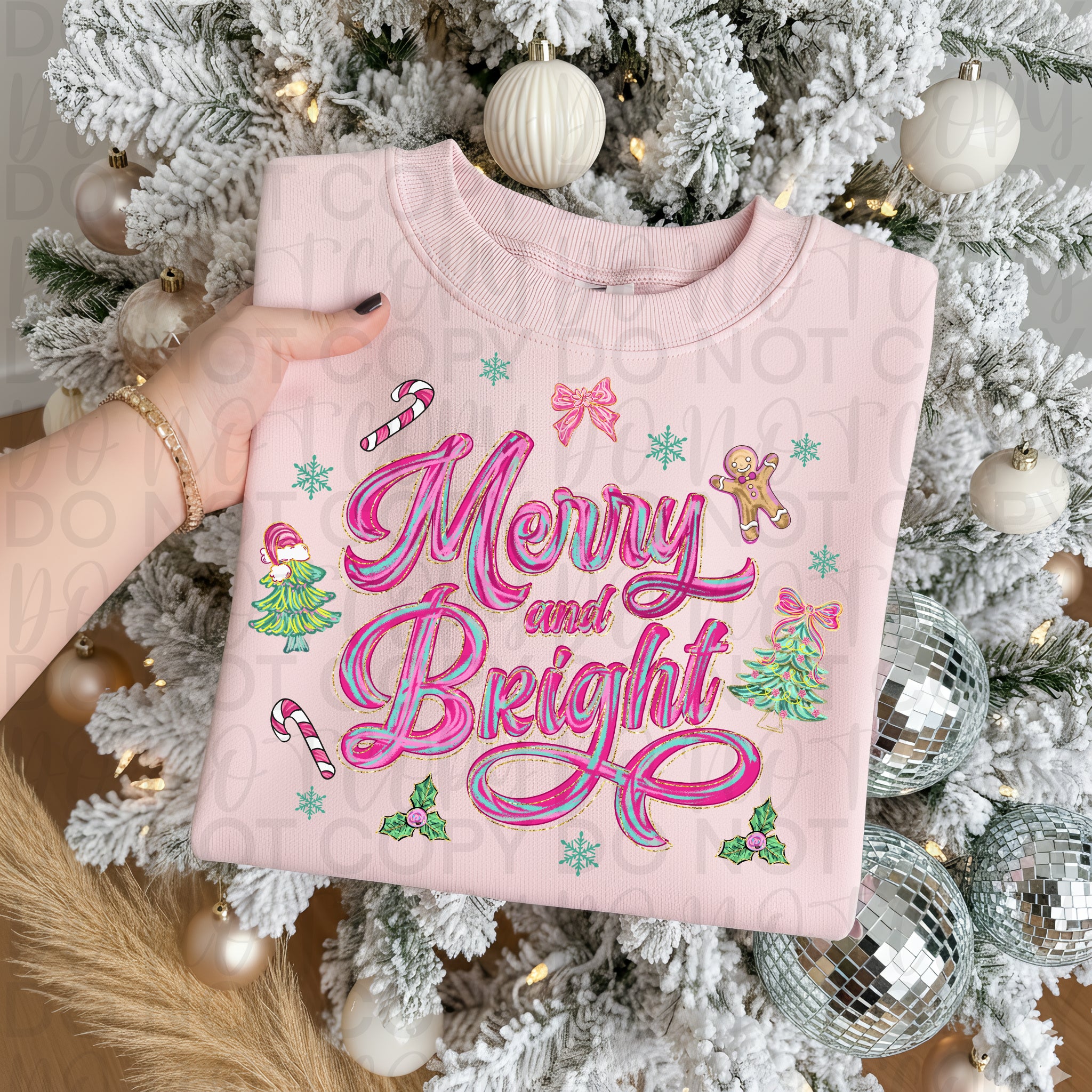 Brushstroke Merry and Bright Pink Christmas PNG