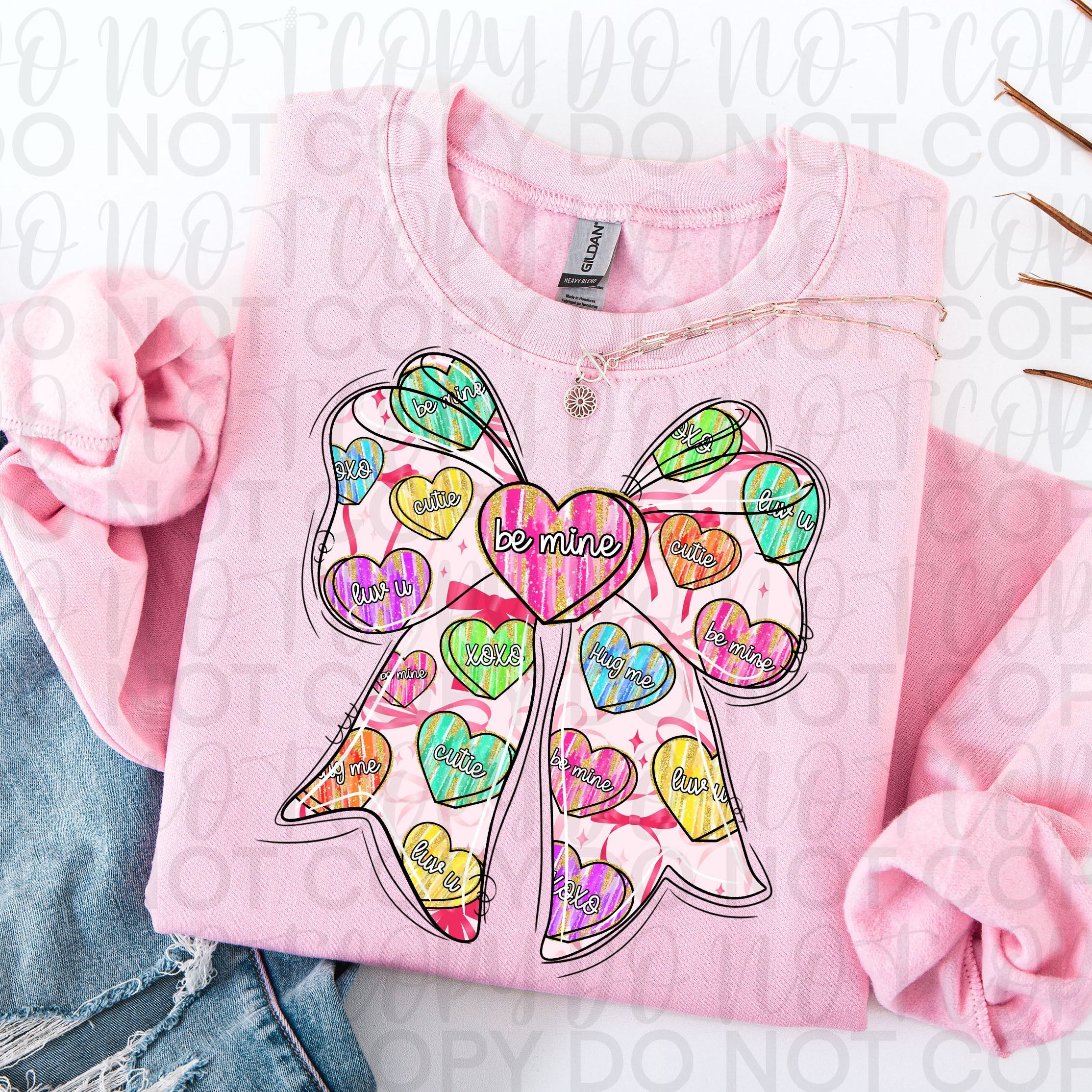 Candy Hearts Valentine Coquette Bow PNG