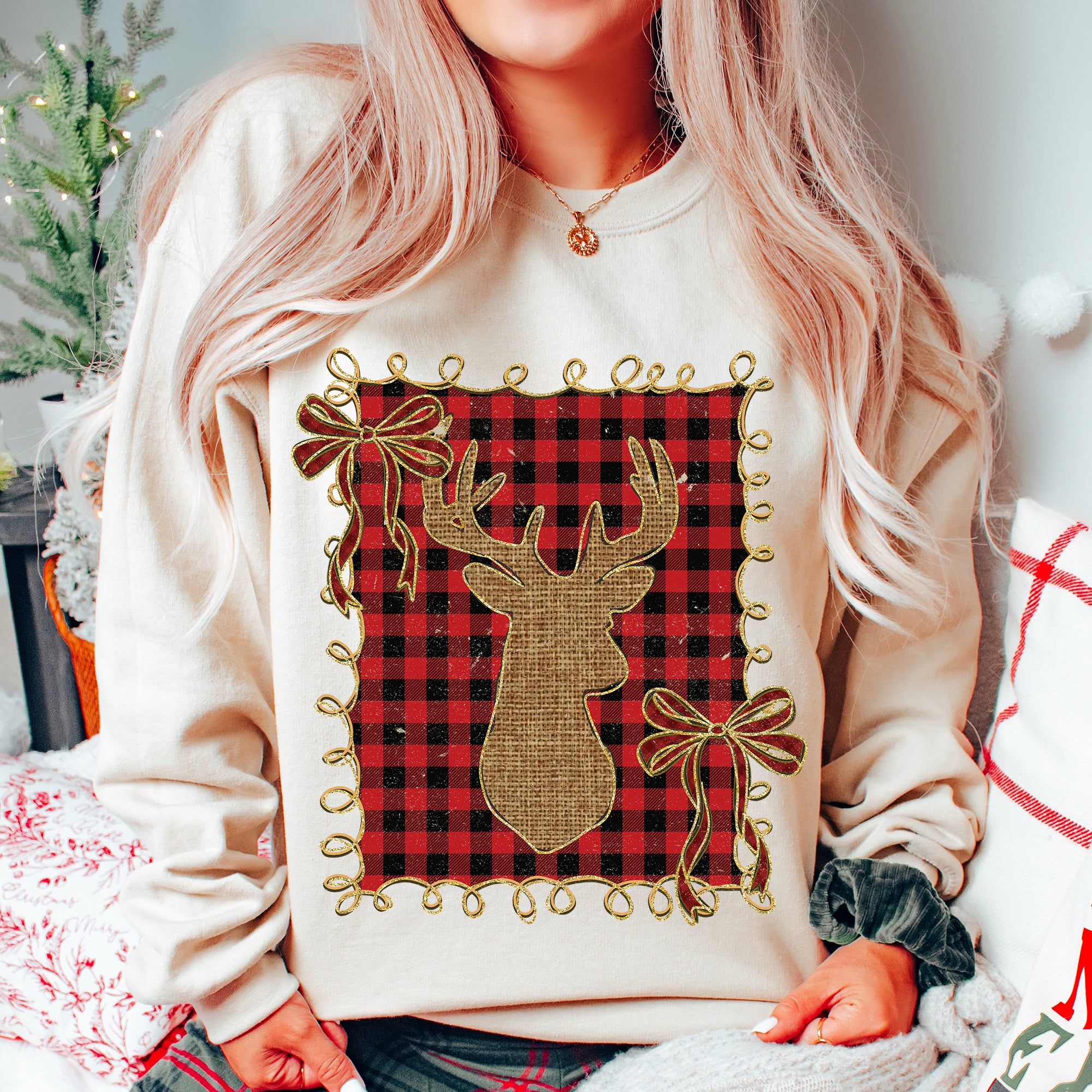 Plaid Christmas Reindeer Coquette PNG