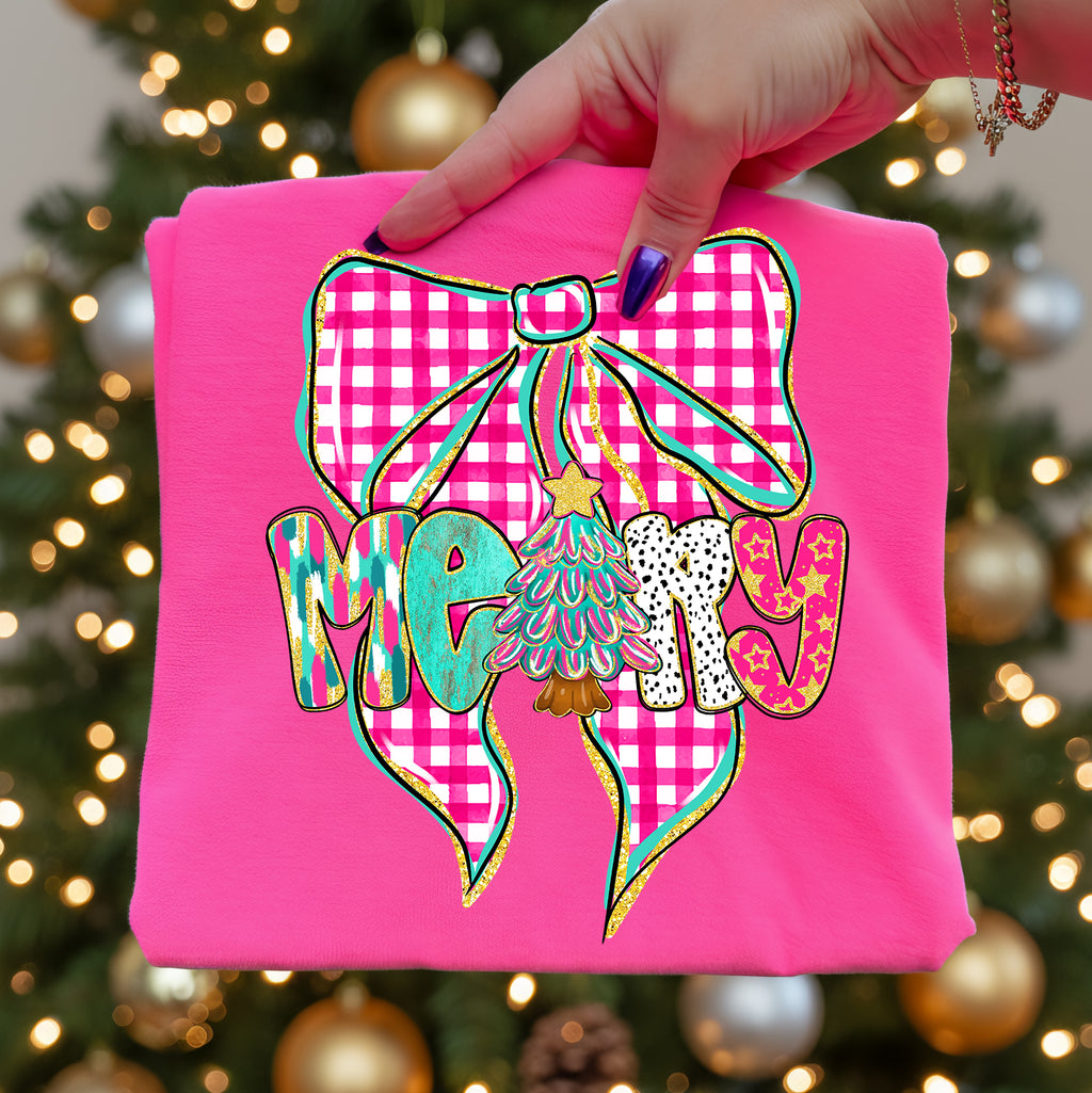 Pink Checkered Merry Bow PNG