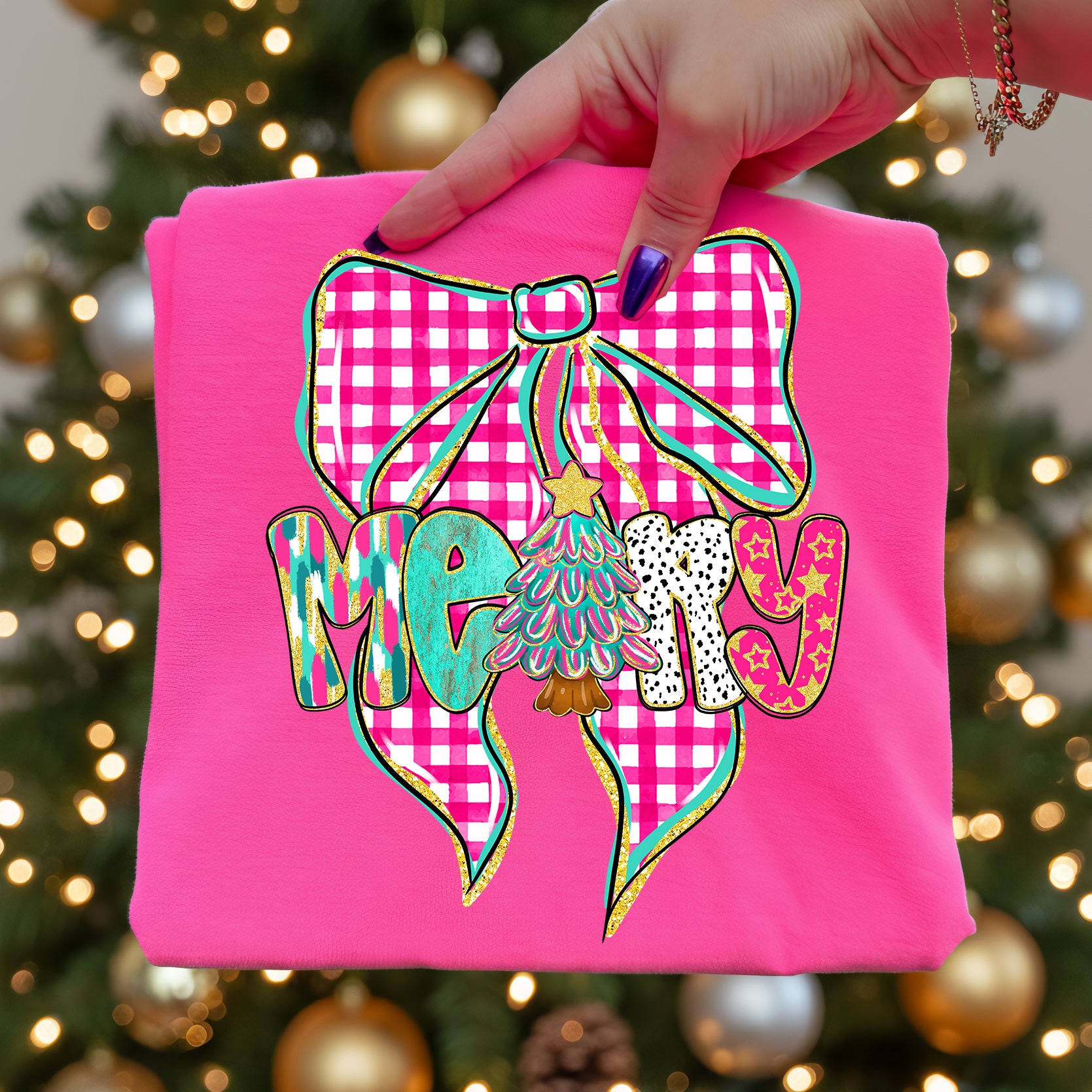 Pink Checkered Merry Bow PNG
