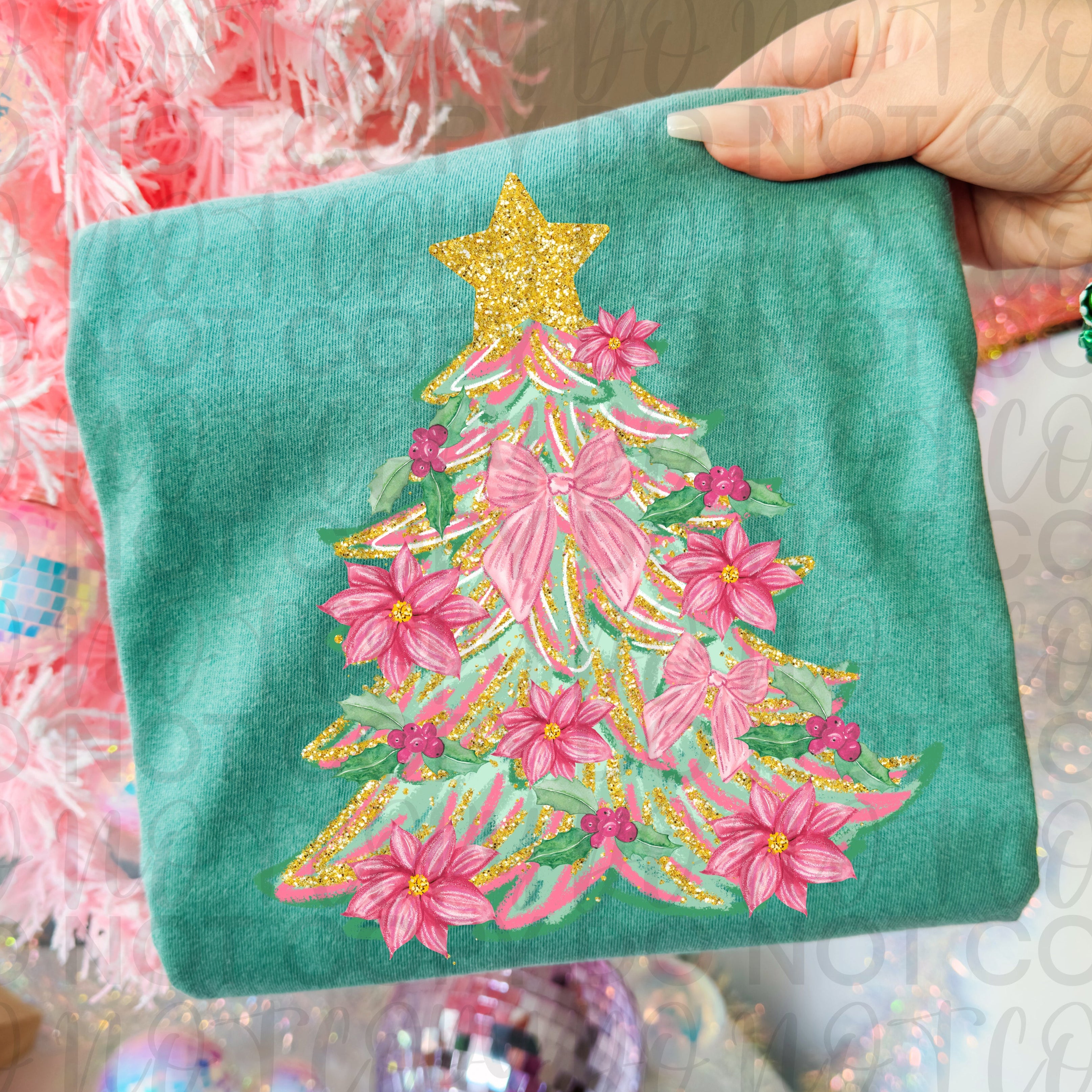 Preppy Pink Floral Christmas Tree PNG
