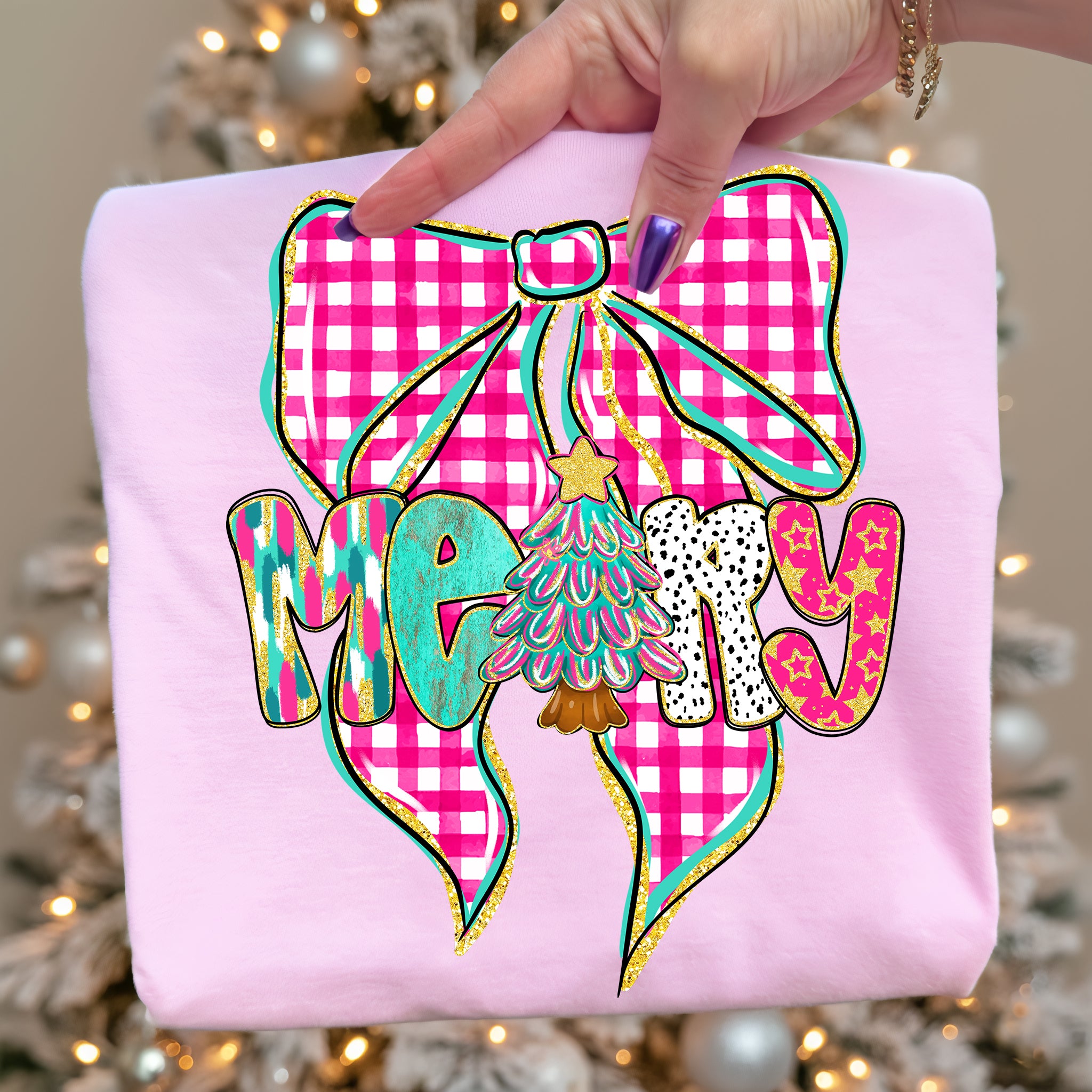 Pink Checkered Merry Bow PNG