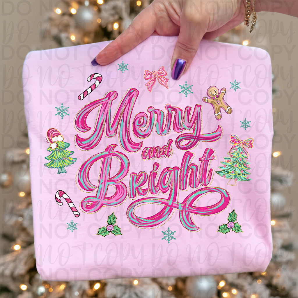Brushstroke Merry and Bright Pink Christmas PNG