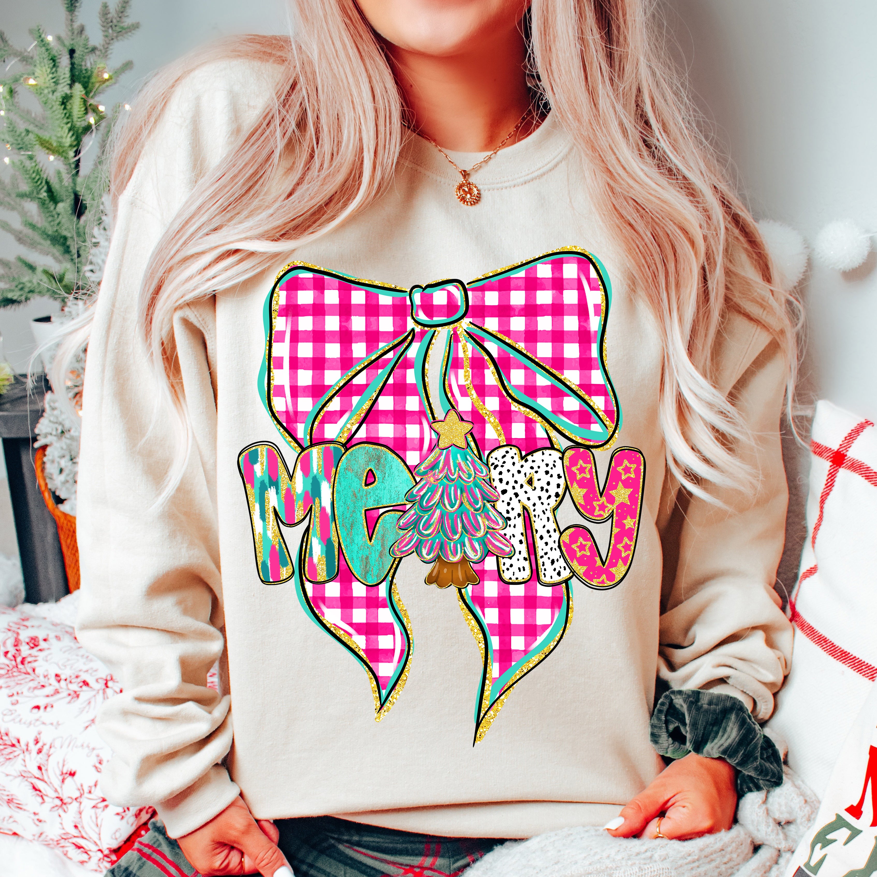 Pink Checkered Merry Bow PNG