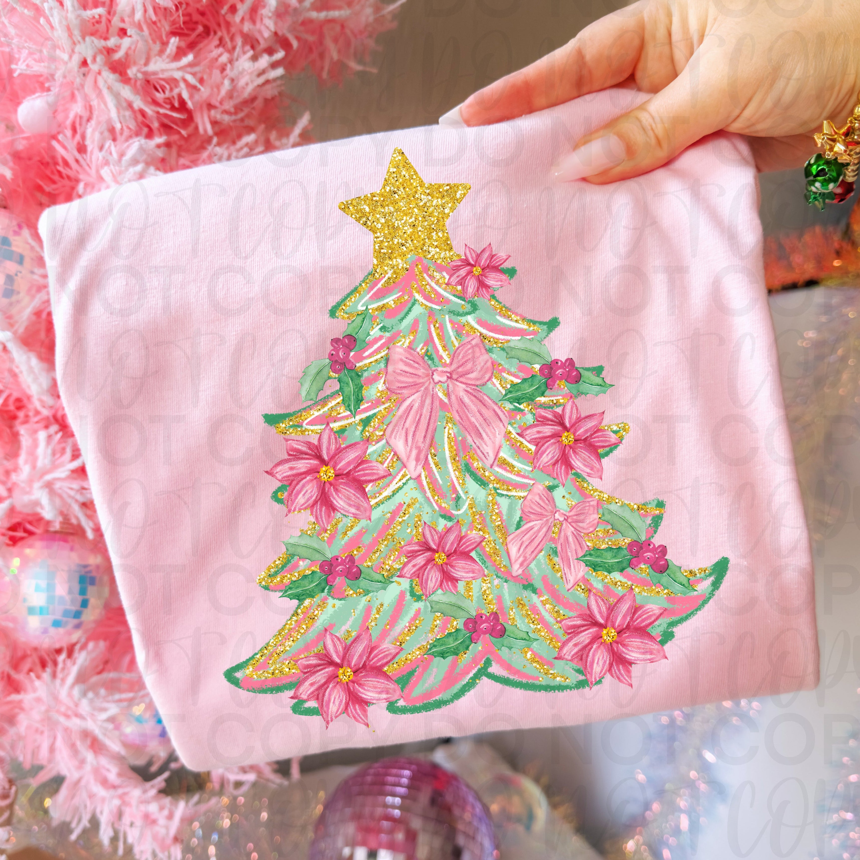 Preppy Pink Floral Christmas Tree PNG