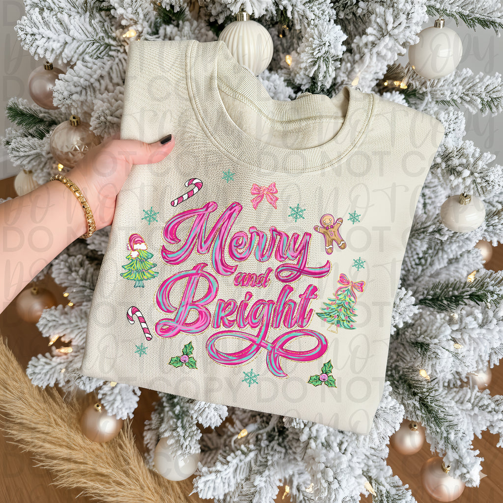 Brushstroke Merry and Bright Pink Christmas PNG