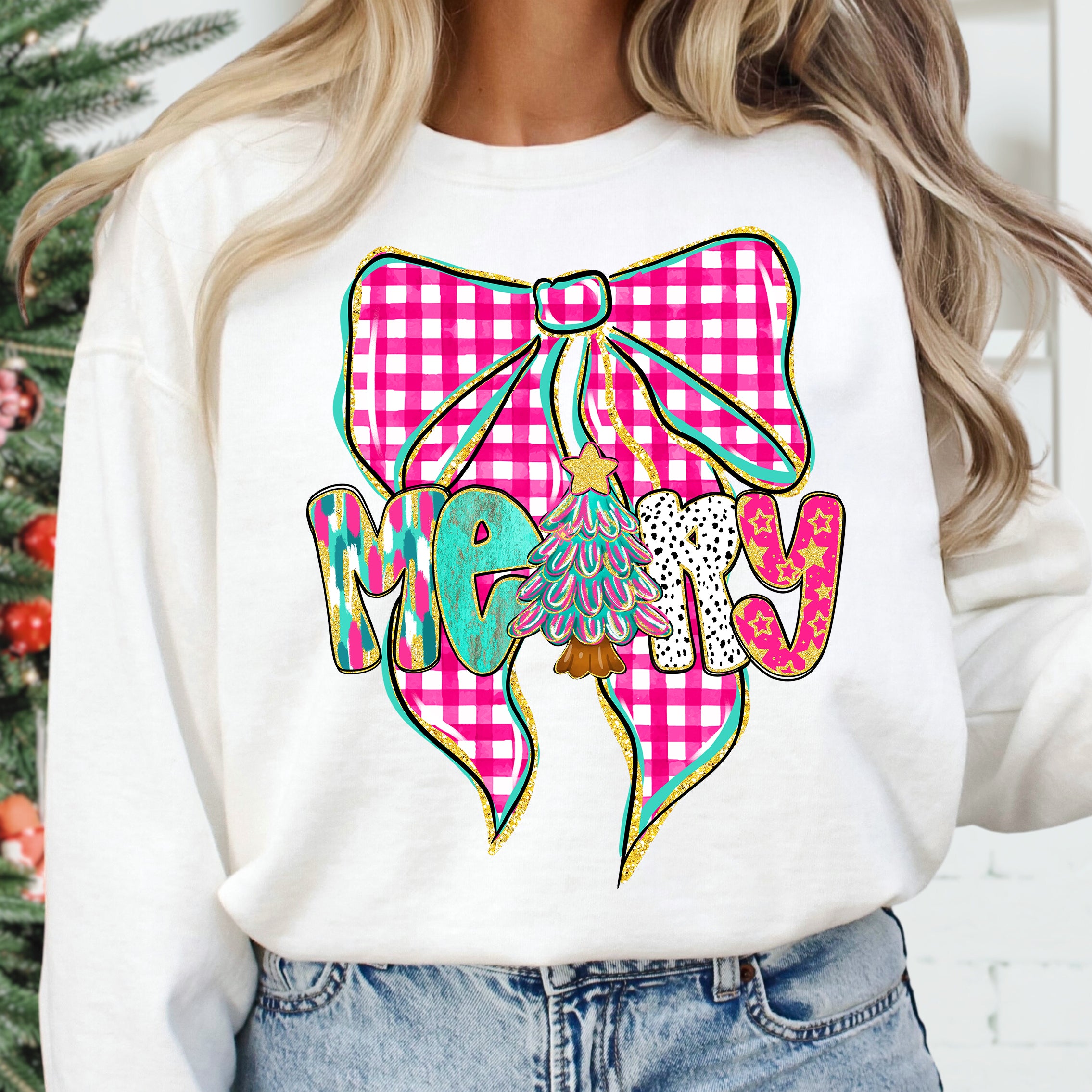 Pink Checkered Merry Bow PNG