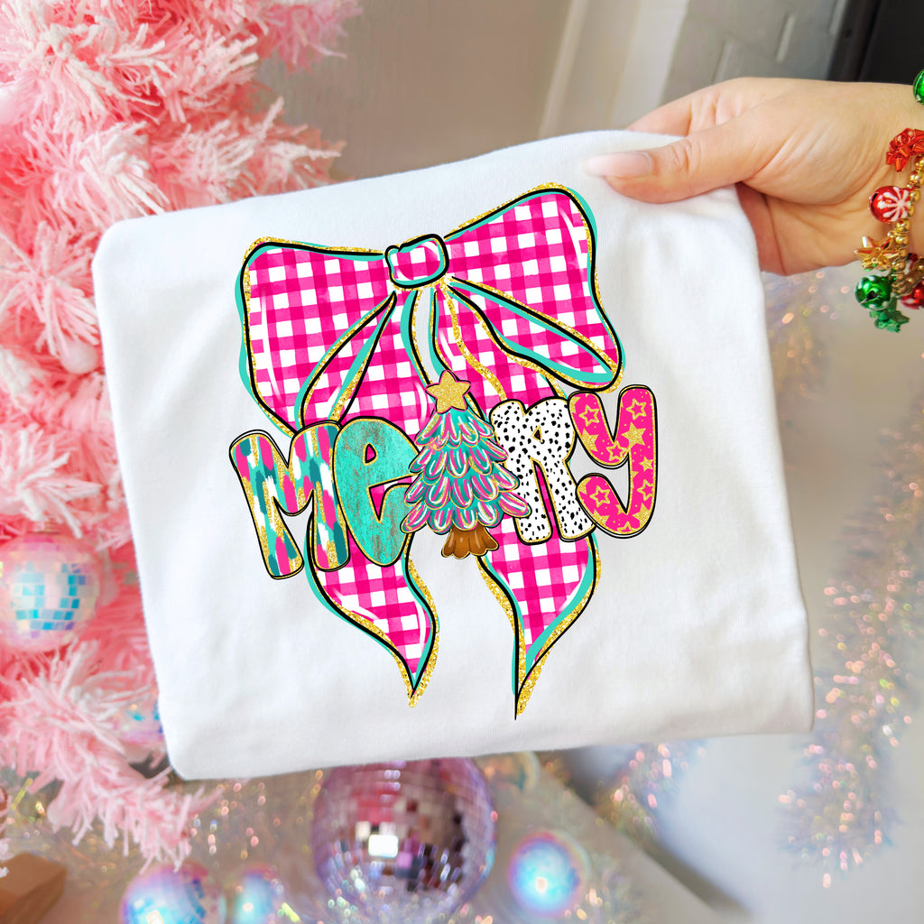 Pink Checkered Merry Bow PNG