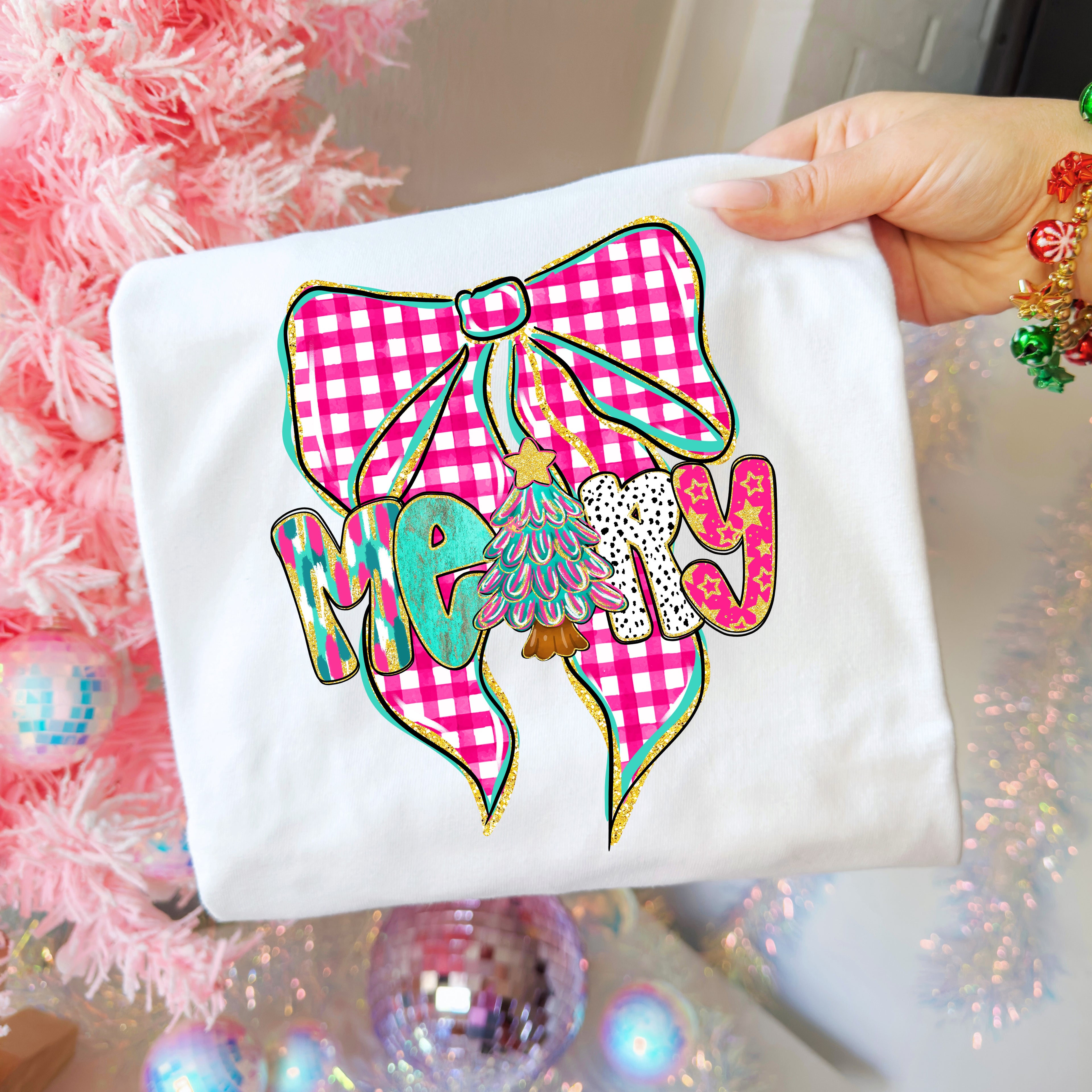 Pink Checkered Merry Bow PNG
