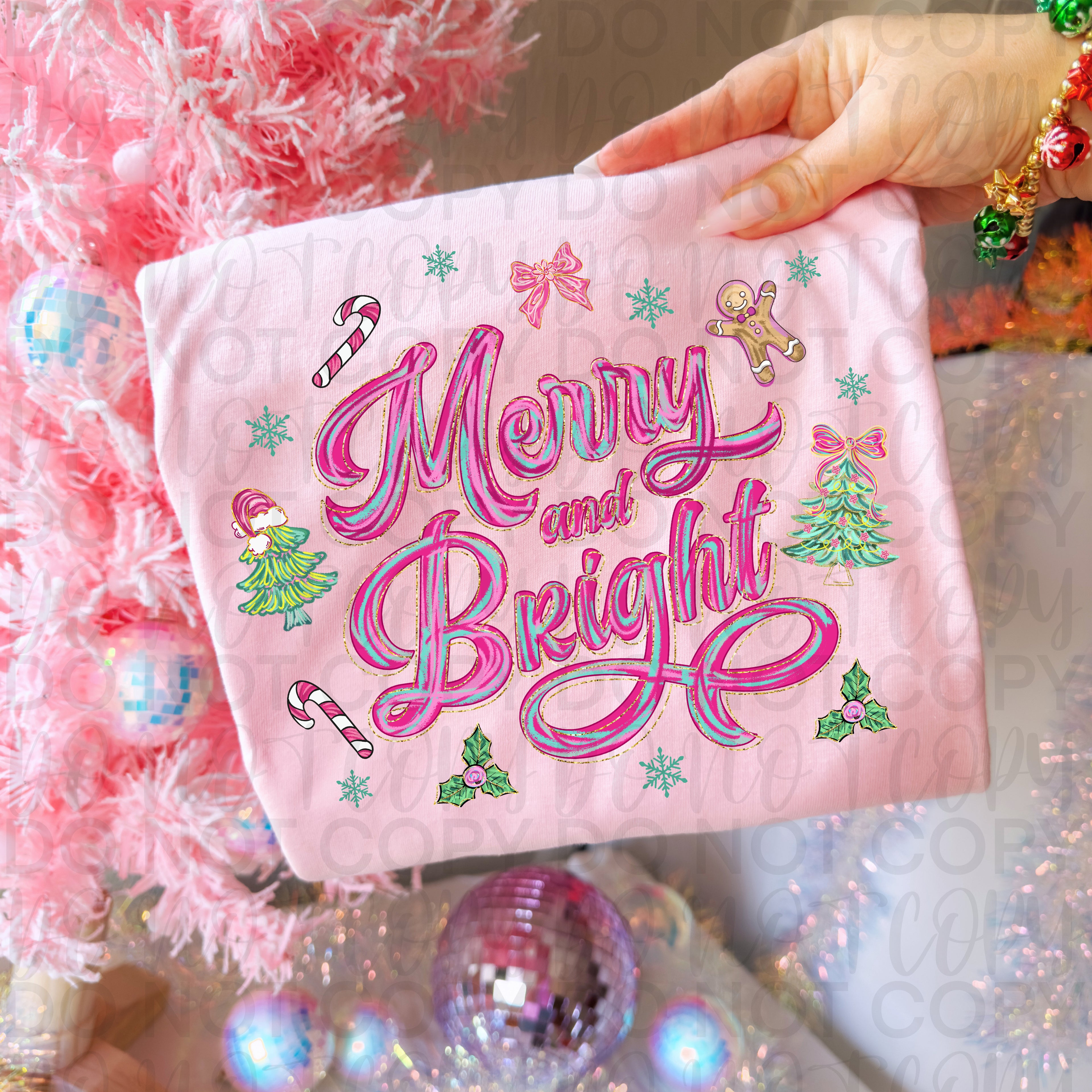 Brushstroke Merry and Bright Pink Christmas PNG