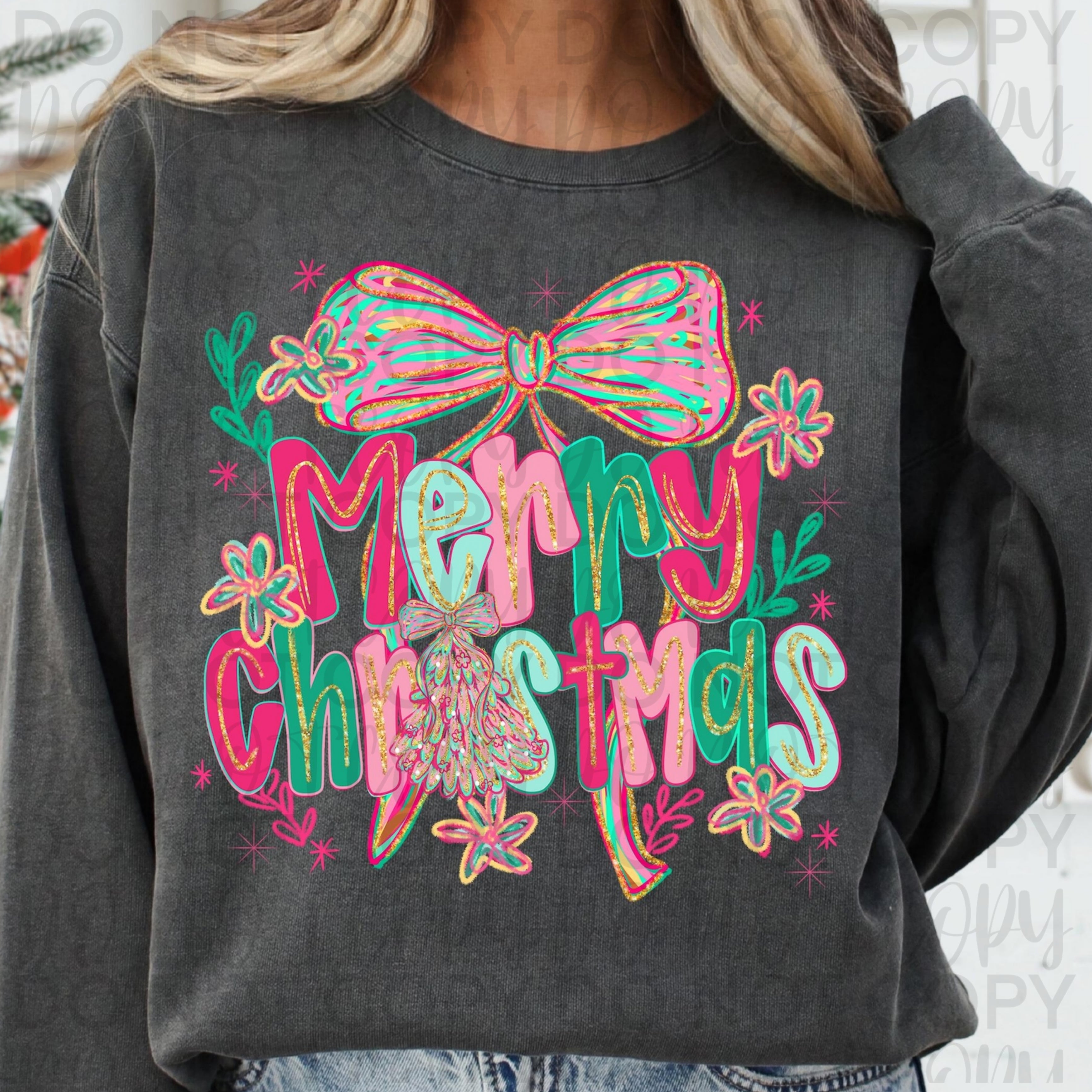 Preppy Floral Merry Christmas PNG