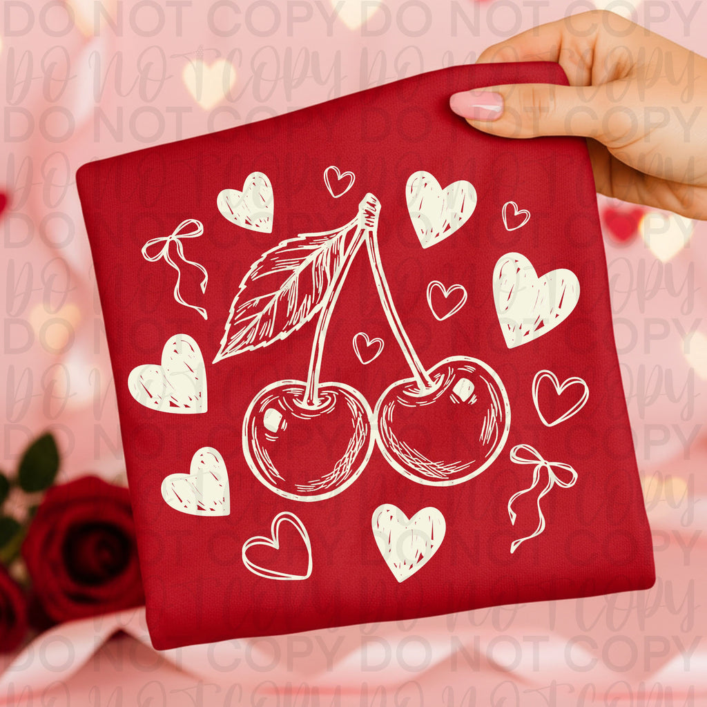 Coquette Cherry Valentine Doodle PNG