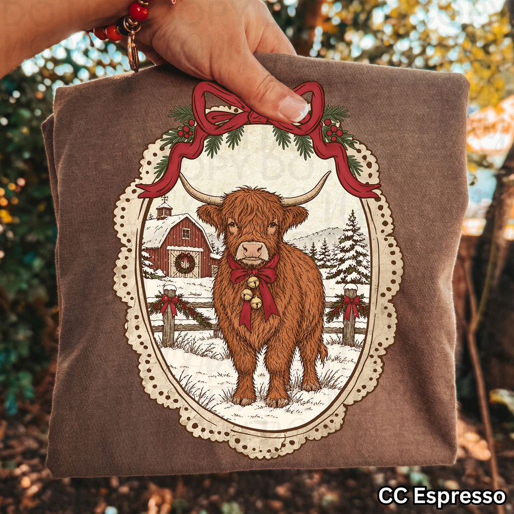 Vintage Christmas Highland Cow PNG