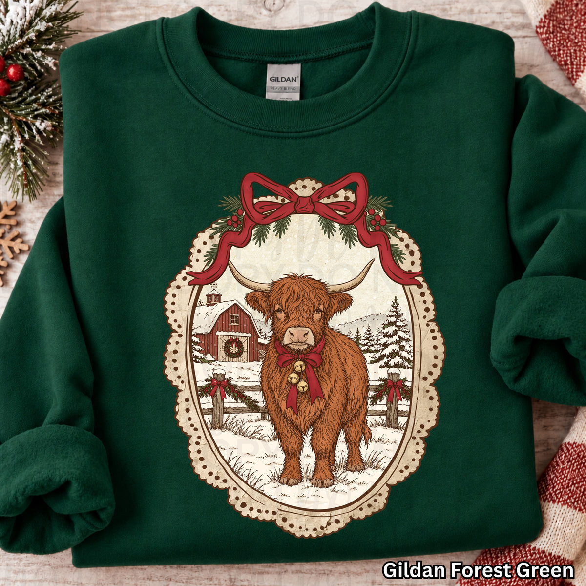 Vintage Christmas Highland Cow PNG