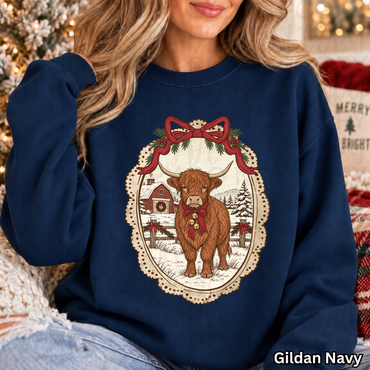 Vintage Christmas Highland Cow PNG