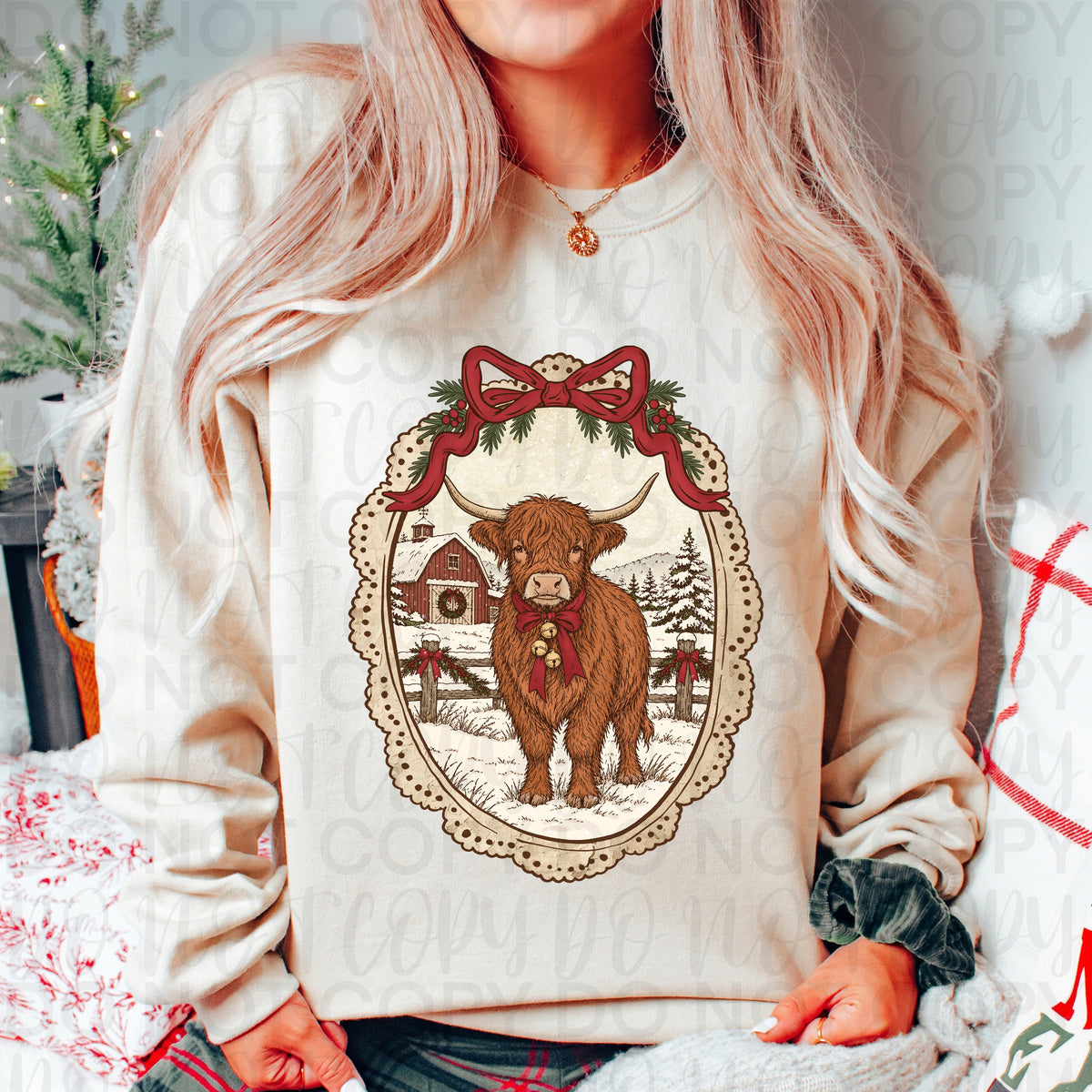 Vintage Christmas Highland Cow PNG