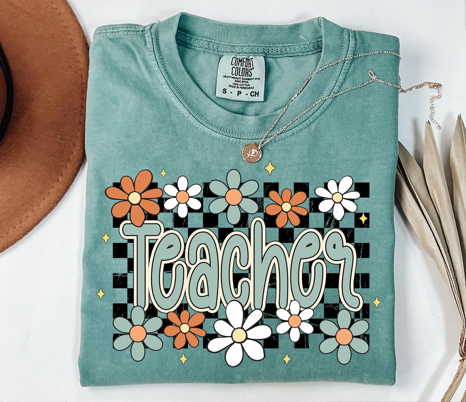 Floral Checker Teacher PNG