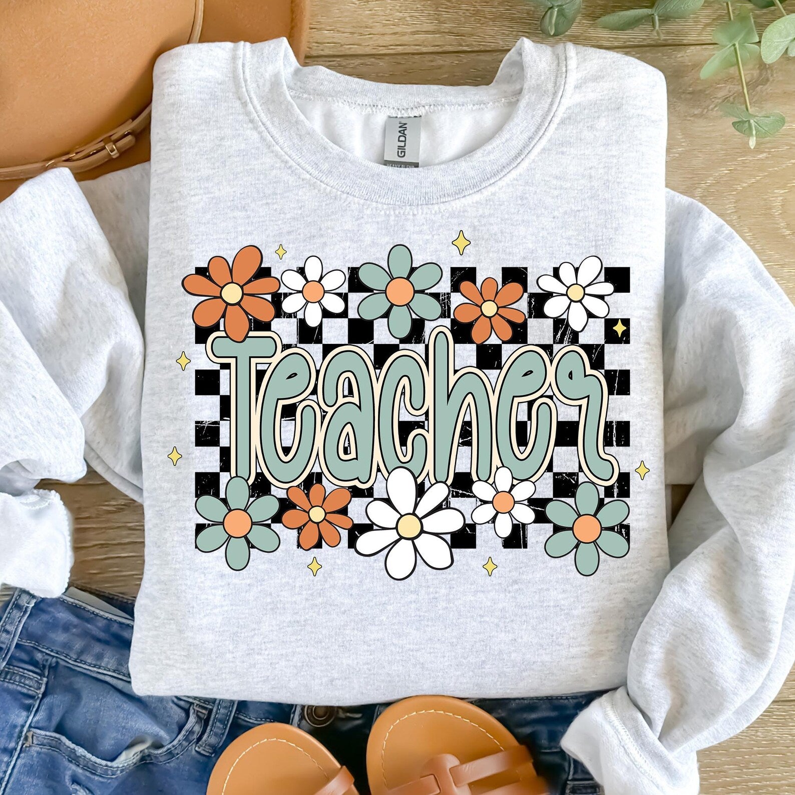 Floral Checker Teacher PNG