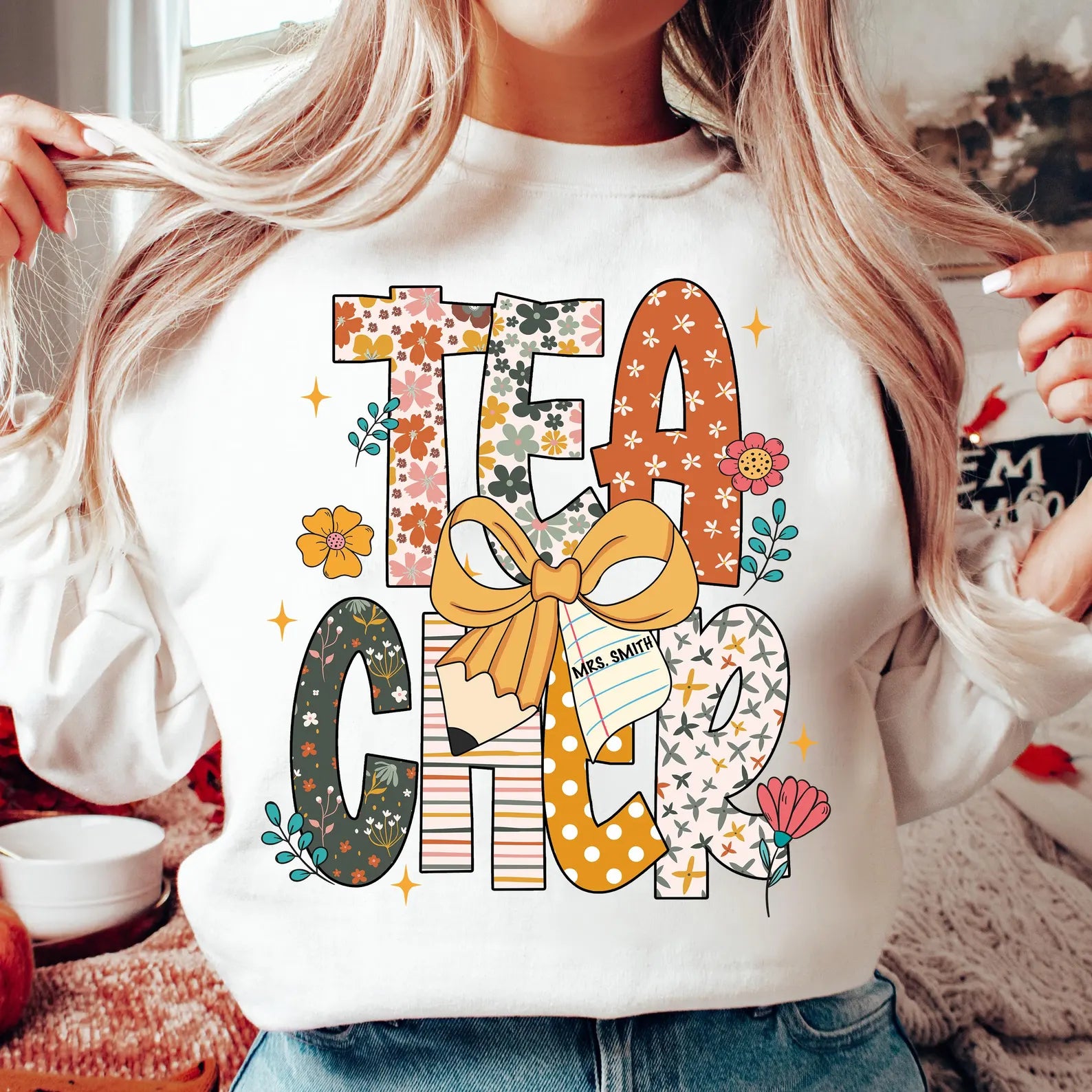 Boho Floral Teacher Custom Name PNG