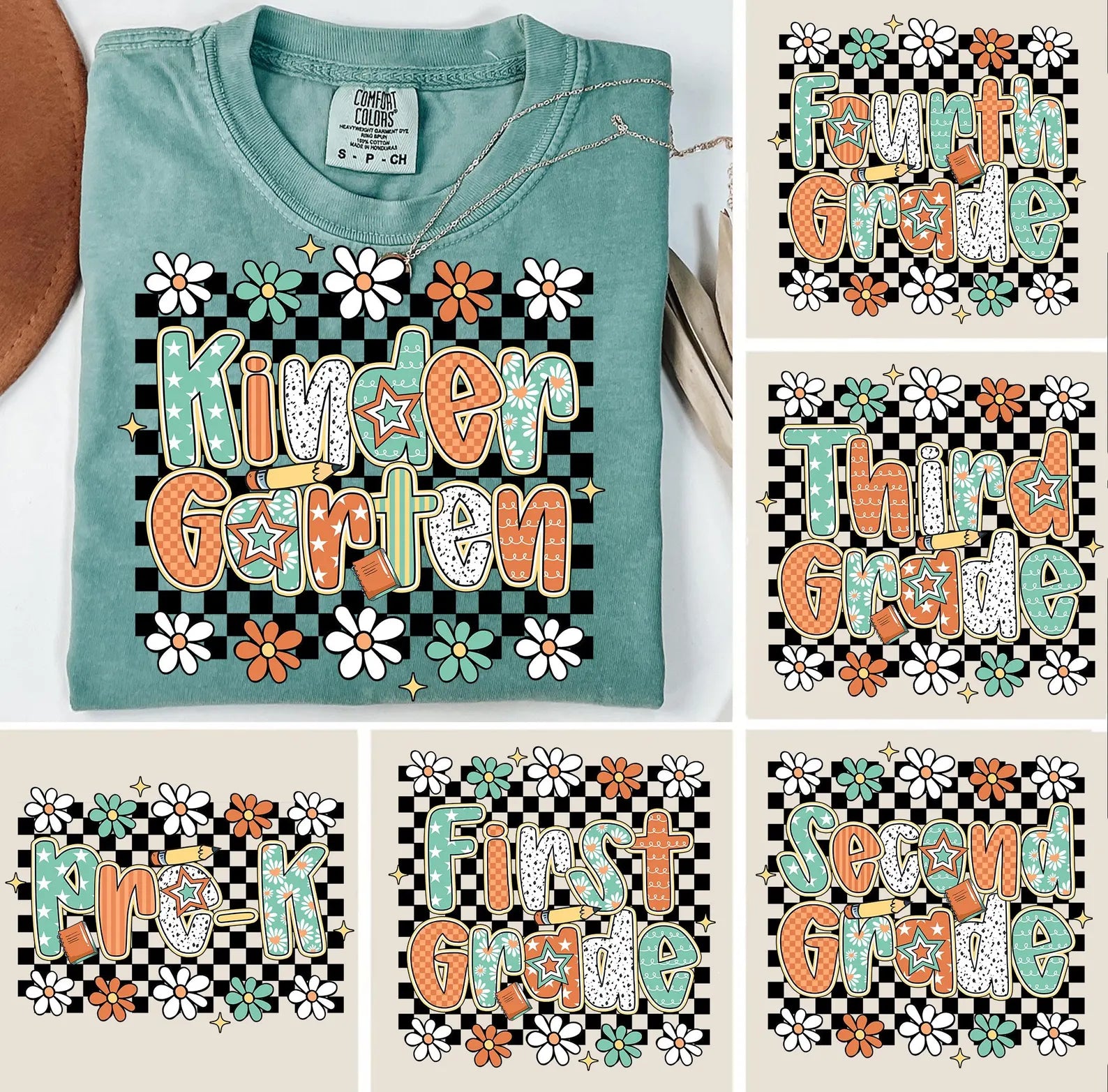 Floral Checker Back to School Grade Level Bundle PNG